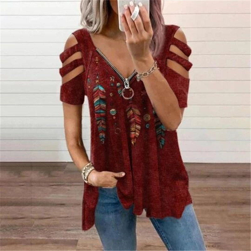 Nuova camicetta estiva da donna con spalle scoperte, stampa leopardata, cerniera, scollo a V, casual, ampia, primaverile, sexy, nuova camicetta da donna_voghion.com