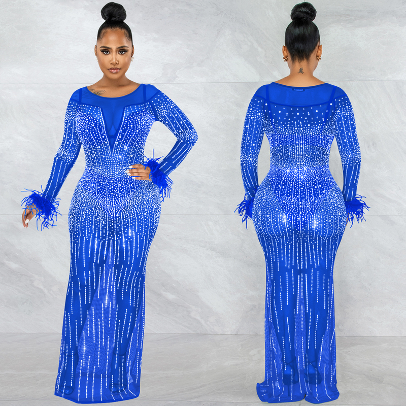 Damenmode-Nachtclub-Party mit Diamant-Damen-Mesh-Perspektive, langärmeliges Kleid, Damenkleid_voghion.com