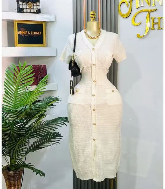 Abito in maglia a maniche corte con scollo a V da donna, temperamento in vita, abito lavorato a maglia_voghion.com