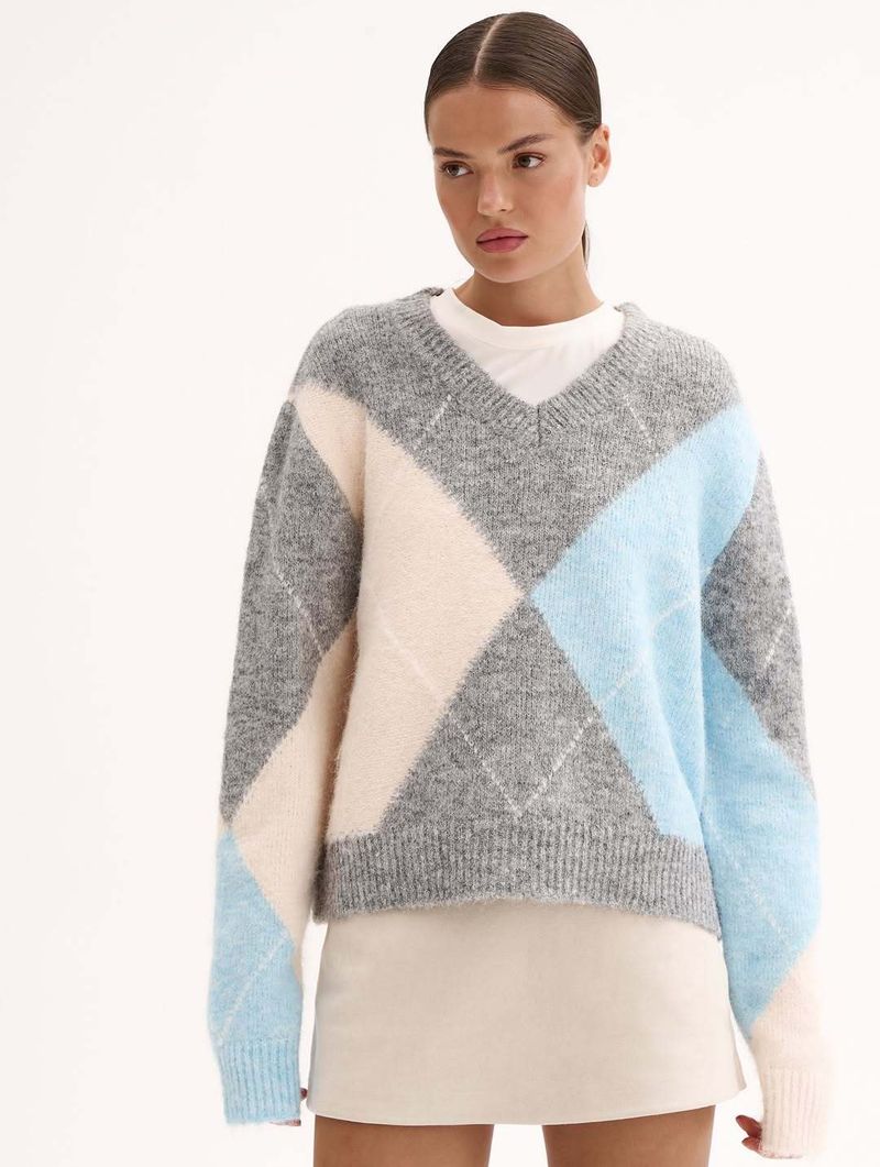 Pull en tricot losanges classique nordique pour femme - Pull à manches longues et col rond avec motif 3D, mélange de coton chaud automne-hiver_voghion.com