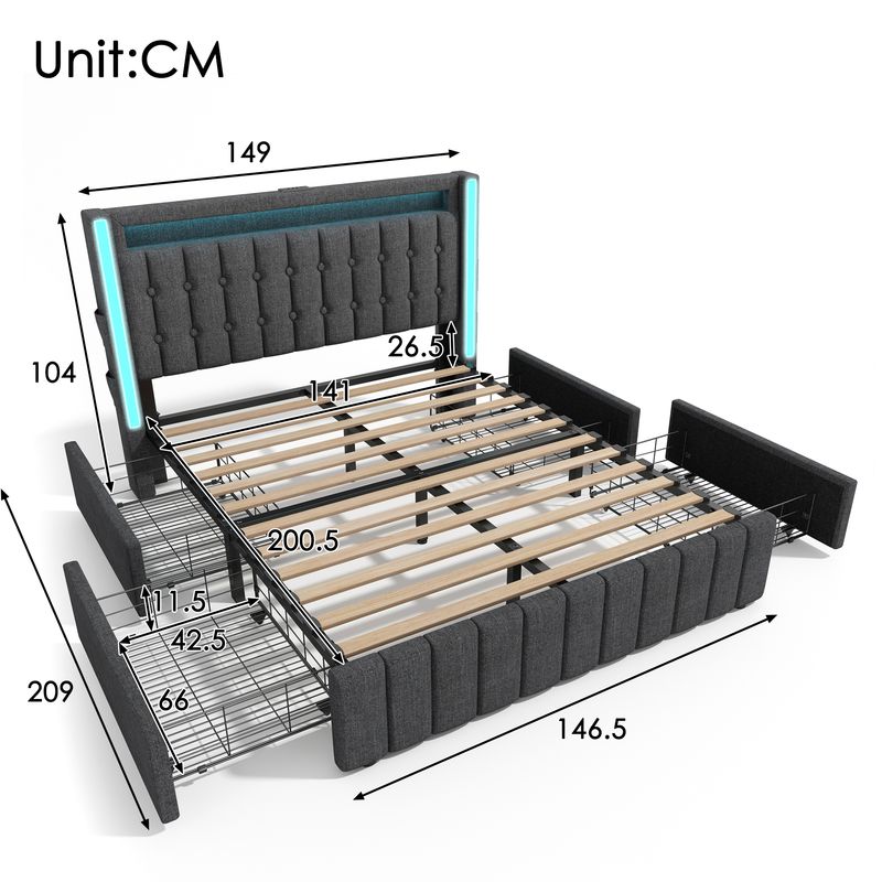 Lit double avec rangement et lattes en bois, chargement USB Type-C, éclairage LED et 4 tiroirs, gris (matelas non inclus). Lit enfant 140 x 200 cm._voghion.com