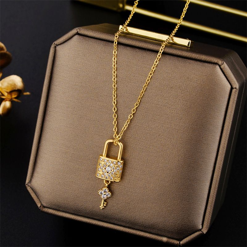 2025 New Arrivals New Design Sense Light Zircon Crystal Lock Key Pendant Stainless Steel Necklaces For Women Sexy Party Neck Chain Jewelry_voghion.com