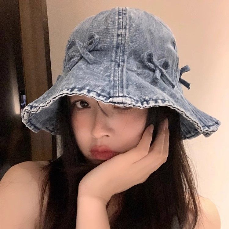 Cappello da pescatore a forma di fiocco che valorizza la forma del tuo viso, cappello da sole retrò in denim con tesa pieghevole, alla moda e trendy._voghion.com