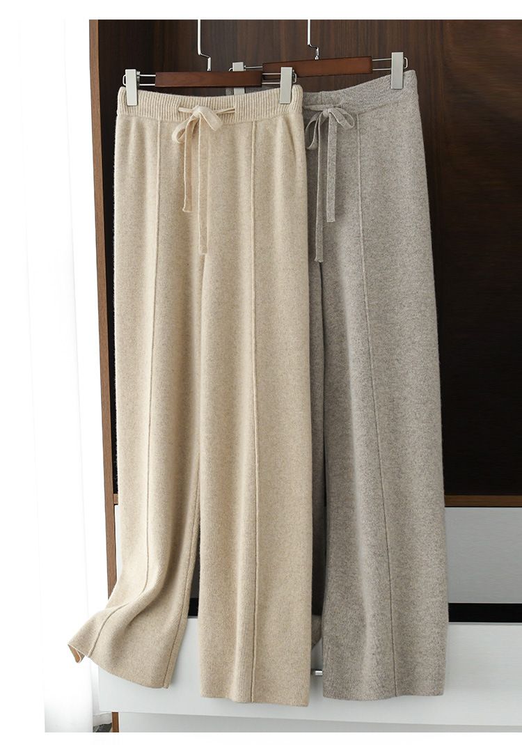 K New High-waisted Women's Korean-style Warm Knitted Wide-leg Straight Trousers; Women's Solid Color Loose Wide-leg Trousers_voghion.com