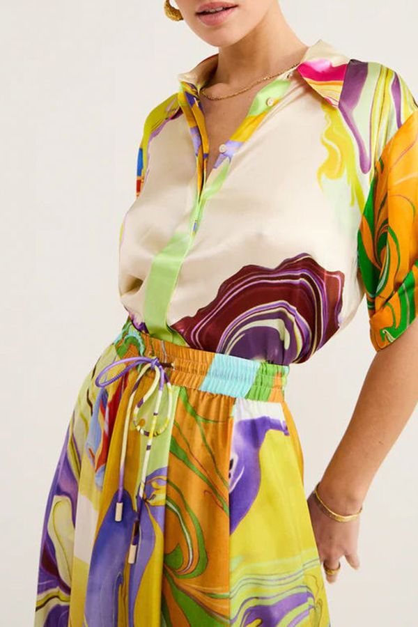 Silk Shirt Skirt Fashion Casual Printed Three Quarter Sleeve Top Two Piece Suit_voghion.com
