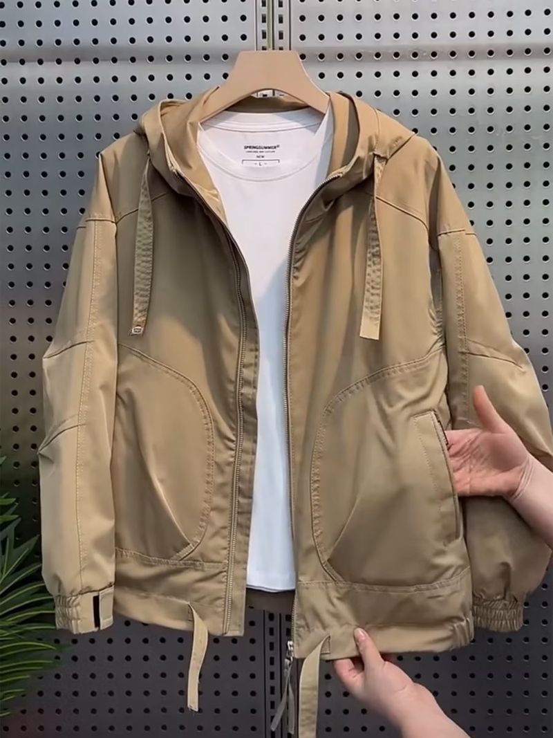 Herren Casual Streetwear Kapuzenjacke Winddicht Wasserdicht Militär Utility Mantel Mit Überschnittener Schulter Mode Frühling Herbst Oberbekleidung (Khaki S-3XL)_voghion.com