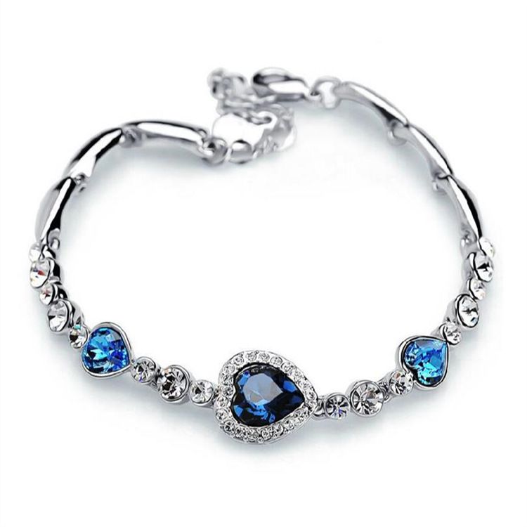 Bracelet jonc tendance pour femme avec cœur bleu océan et cristaux de zircon_voghion.com