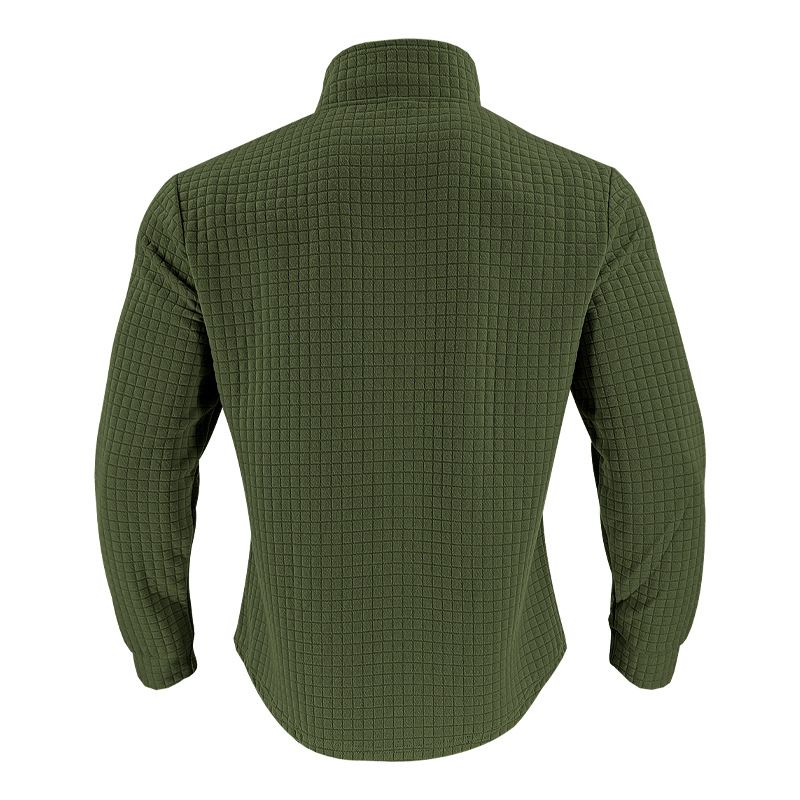 Roupas masculinas com gola alta e zíper, moletom com estampa xadrez pequena, poliéster respirável, leve, confortável, casual, esportivo_voghion.com