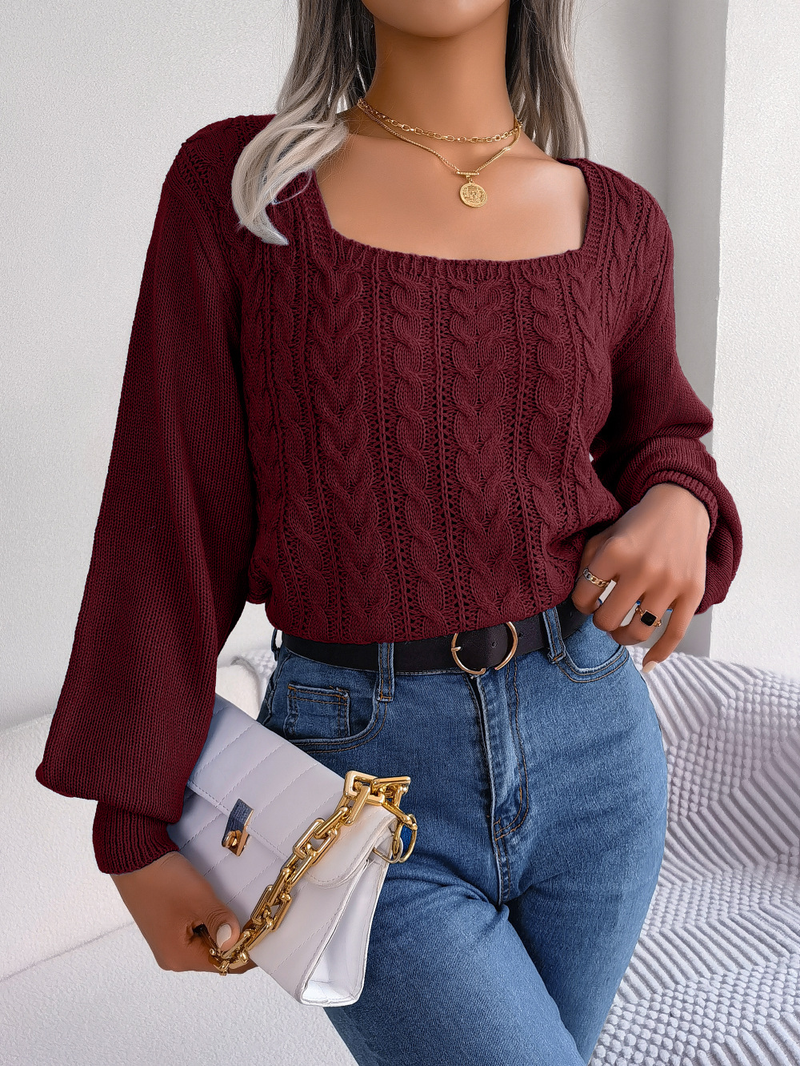 Maglione pullover casual con scollo quadrato e maniche a lanterna in maglia a trecce, moda femminile per autunno e inverno_voghion.com