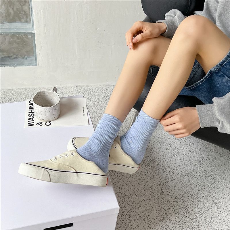 Women's & Men's Cotton Mid-Crew Socks With Soft Breathable Fabric, Solid Color & Starry Dot Design, Double Needle Stitching For All Seasons_voghion.com