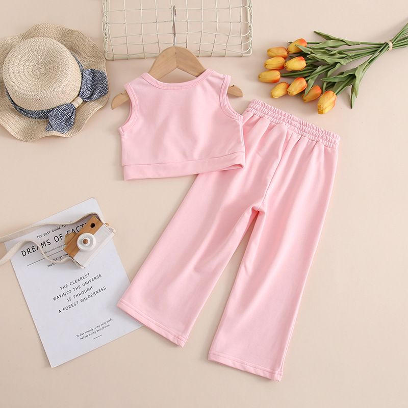 Mère et enfants vêtements pour enfants filles mode décontracté gilet sans manches couleur unie ensemble ins vent deux pièces ensemble_voghion.com