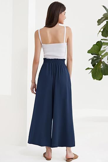 Calça Palazzo Feminina Leve, Casual, de Cintura Alta, com Bolsos e Fenda - Calça Larga e Flutuante para o Verão_voghion.com