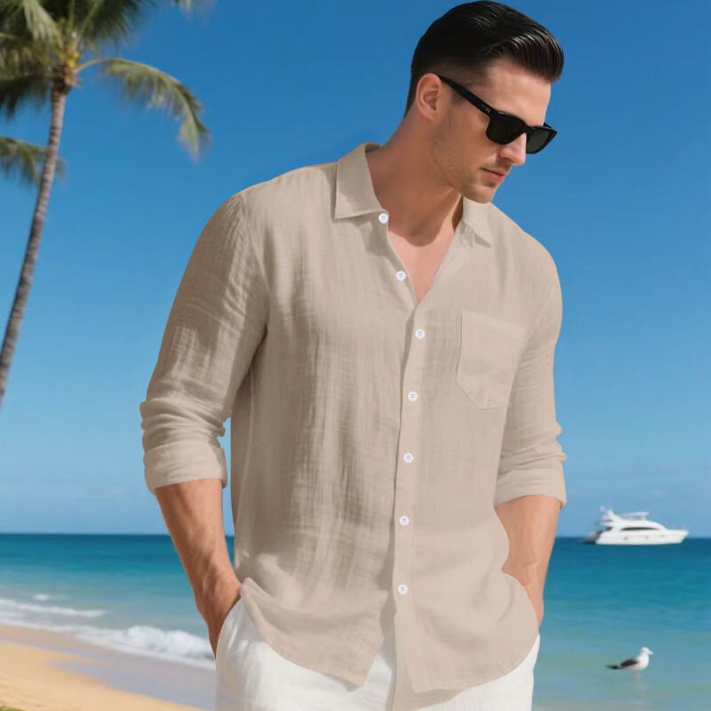 Chemise décontractée en lin pour homme – Chemise boutonnée respirante avec col à revers (blanc/noir/vert kaki/bleu clair, tailles S à XXXL)_voghion.com