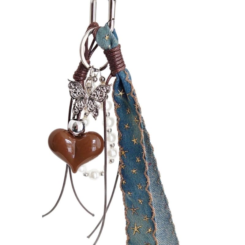 Brown Butterfly Heart-Shaped Denim Simple Braided Cord Women's Keyring_voghion.com