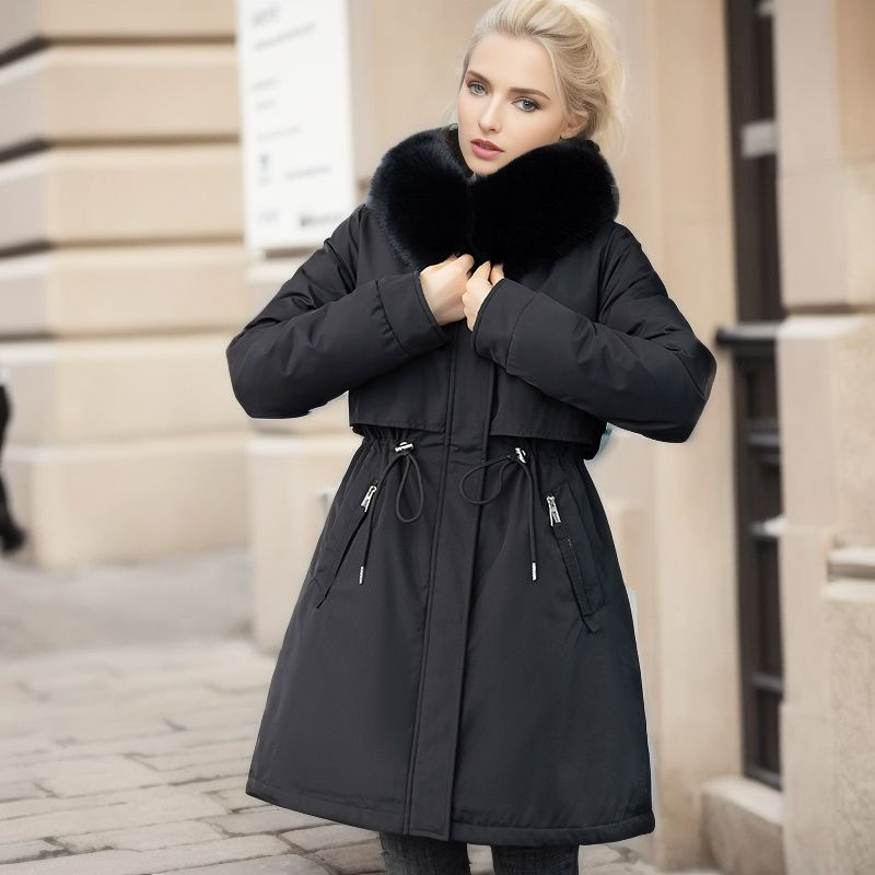 Giacca a vento lunga e slim da donna in autunno e inverno, nuovo collo in pelliccia foderata in cotone staccabile_voghion.com