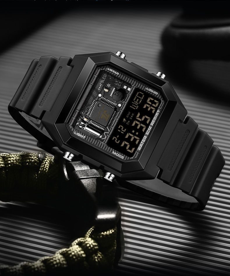 Digitaal wekkerhorloge met multifunctionele timer, stopwatch, LED-achtergrondverlichting, waterdicht tot 50 m, unisex vierkant sporthorloge voor studenten en professionals_voghion.com