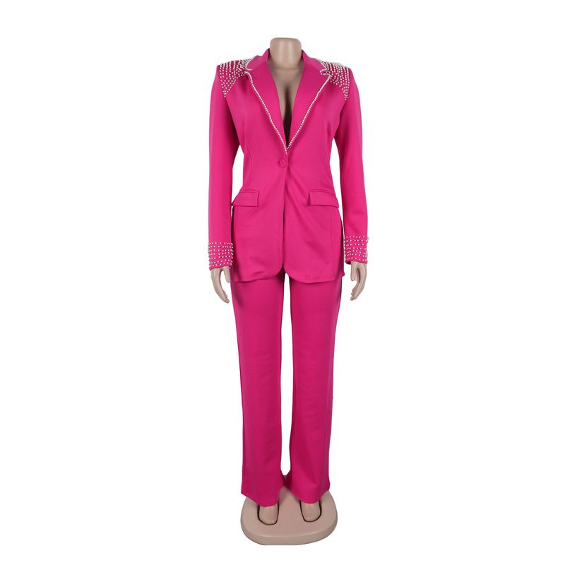 Traje de dos piezas ajustado de manga larga con perlas para mujer_voghion.com