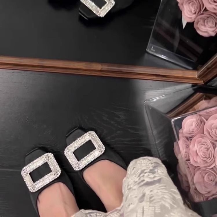 Sheepskin Version~French Style Elegant Satin Square Toe Rhinestone Sandals For Women 2025 Summer New Commuting Black_voghion.com