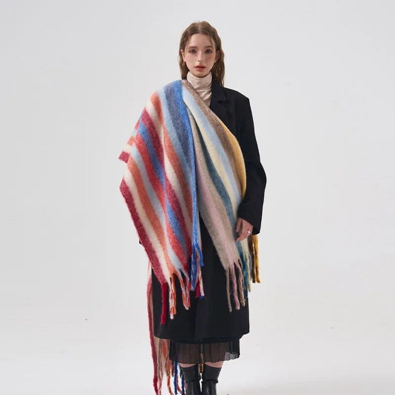 Coreano quente impressão cachecol feminino inverno outono engrossar grande arco-íris vertical listrado xale macio cashmere cobertor cachecóis_voghion.com