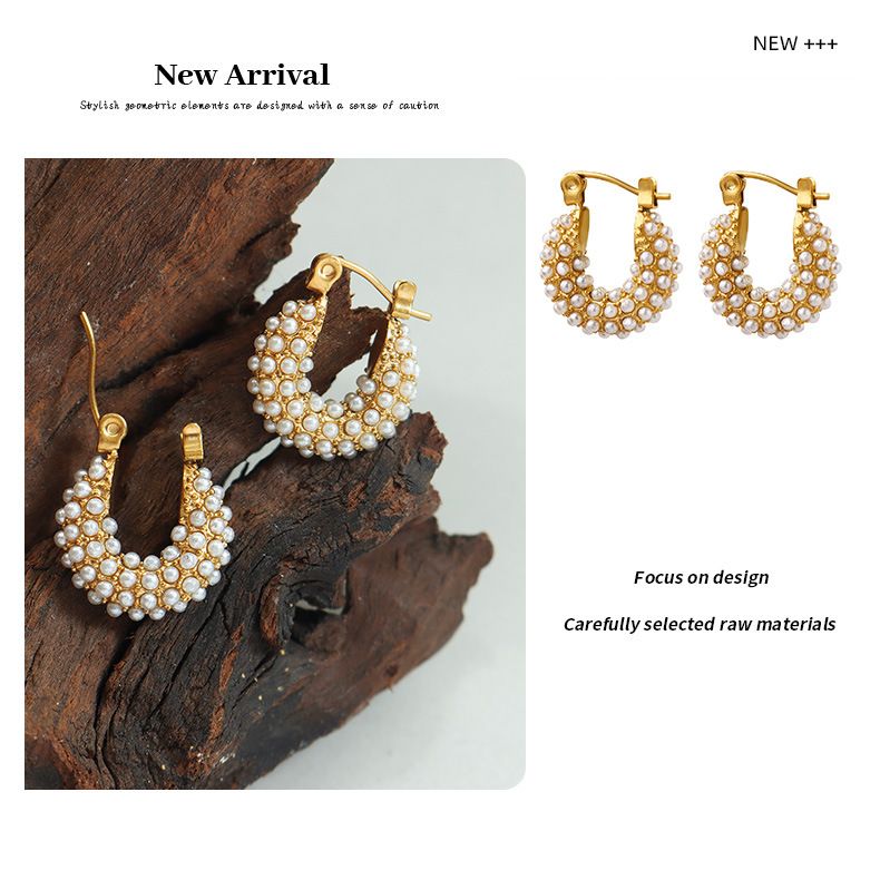 Damenschmuck – Elegante französische Perlenohrringe in U-Form, geometrisches Design, Titanstahl, Goldton, schickes und zeitloses Accessoire_voghion.com
