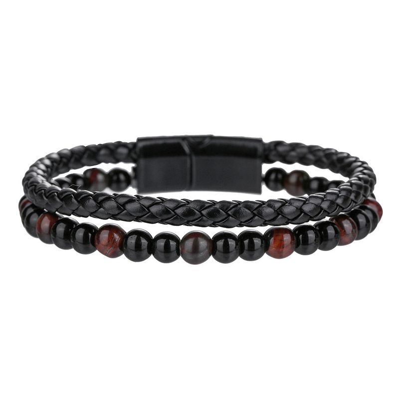 Pulsera versátil de hip hop para hombre con hebilla magnética de cuero de doble capa y cuentas de piedra volcánica de ojo de tigre natural._voghion.com