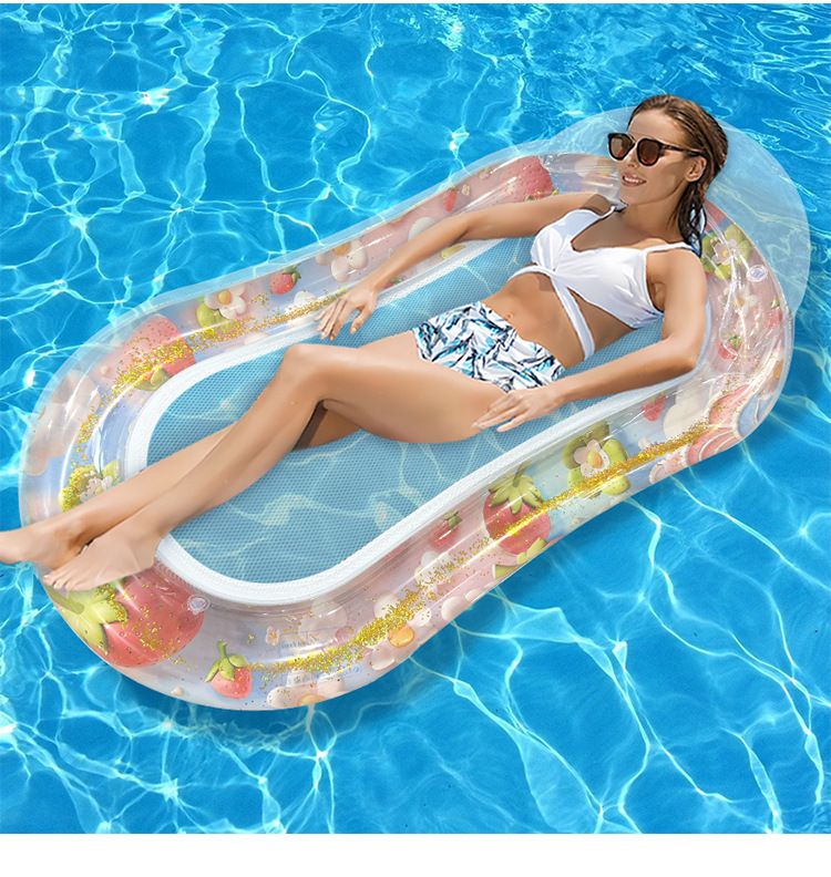 Eco-Friendly PVC Inflatable Lounge Chair With Glitter Mesh & Pillow - Single Person Floating Bed For Pool & Beach (150cm Quick-Dry Portable Design)_voghion.com