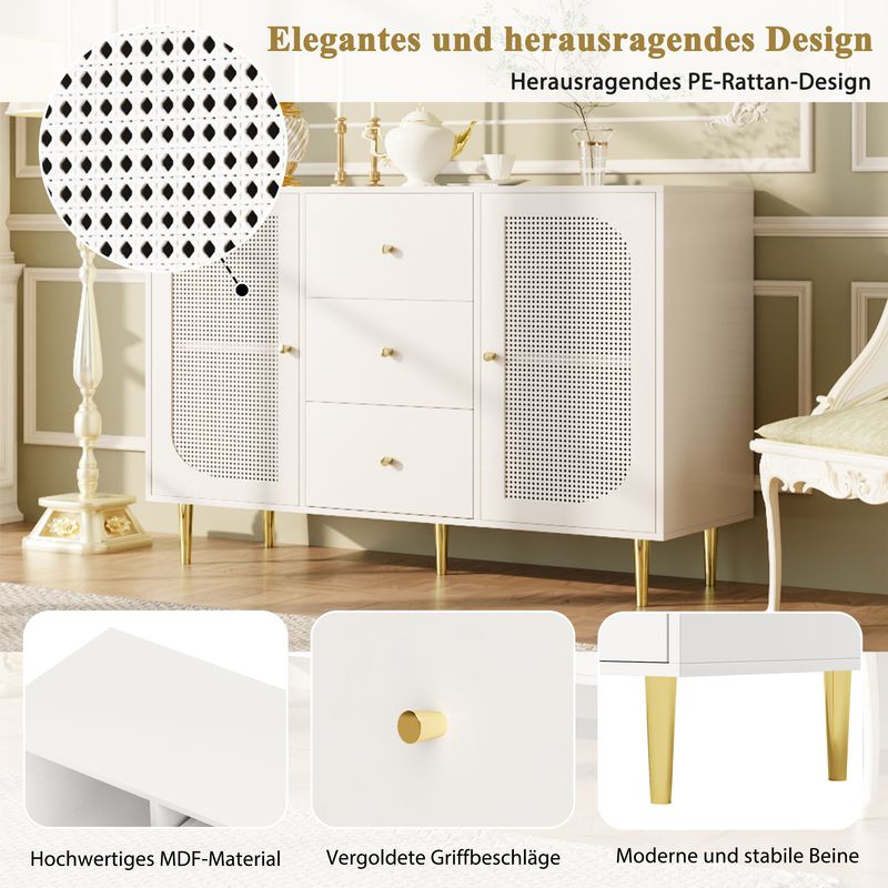 Credenza Weiß 120x90cm Mit Rattantür, Schublade, Holzschrank_voghion.com
