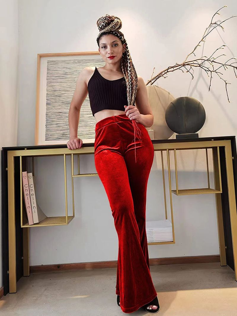 Pantaloni de damă din catifea, elastici, cu talie înaltă, tip clopot, casual, pentru femei_voghion.com