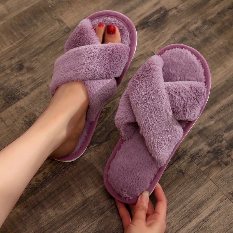 Pantofole da donna in caldo cotone con punta aperta e cinturino incrociato, per ragazze_voghion.com