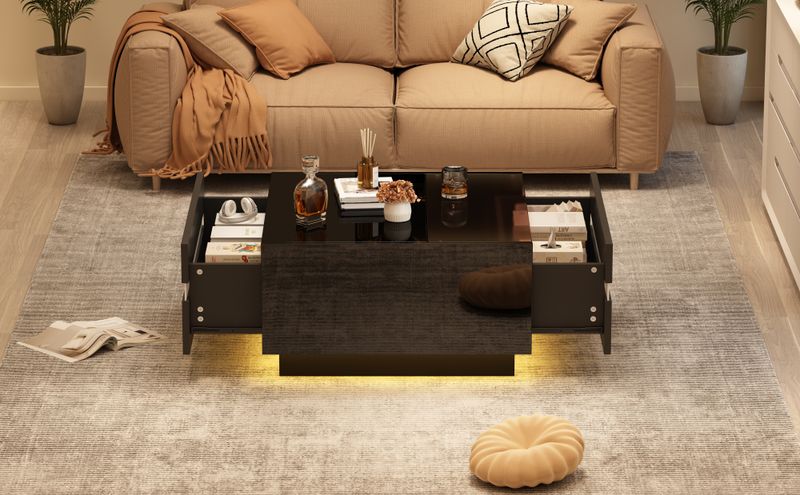 Table basse carrée 70 x 70 x 36 cm avec LED, table de salon haute brillance avec 2 tiroirs, table d'appoint avec plateau en verre trempé, table basse au design géométrique_voghion.com