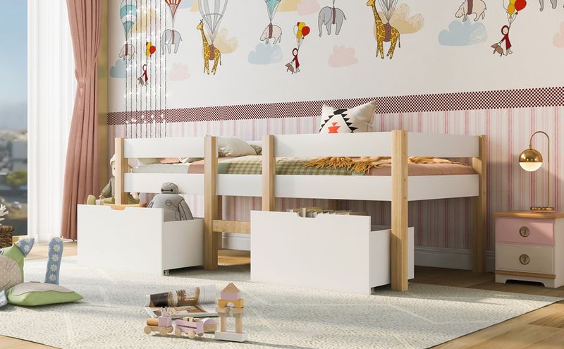 Lit enfant avec tiroir et barrières de sécurité, pin massif 90 x 190 cm, blanc et chêne_voghion.com