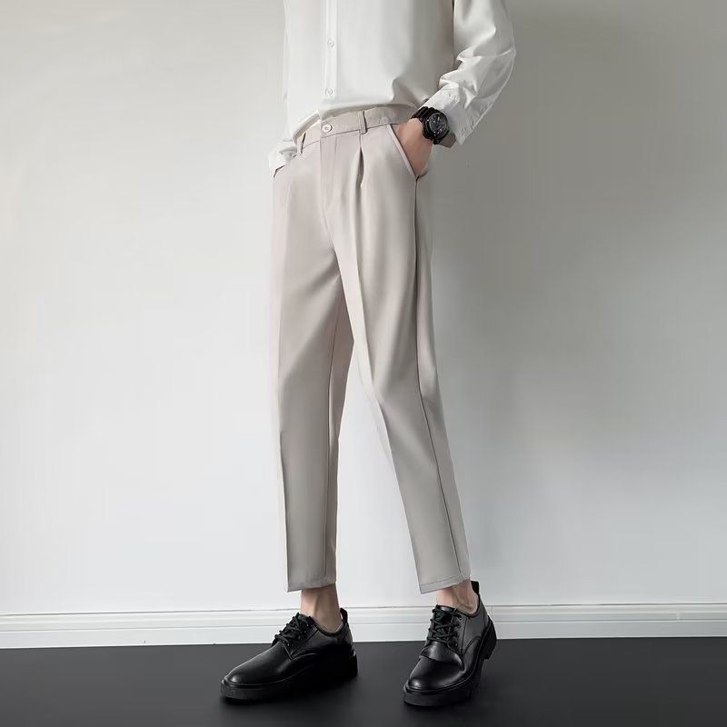 Pantalones de traje nuevos de verano para hombres, pantalones holgados y drapeados, pantalones de pierna recta de estilo maduro ligero de versión coreana, pantalones de traje casuales de color sólido_voghion.com