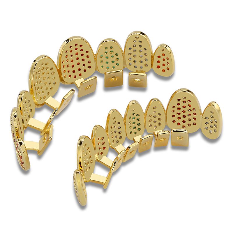 Vanzare fierbinte Zircon complet cu opt dinti incrustat Bretele din zircon Hip Hop Personalitate neregulata Bretele din aur_voghion.com