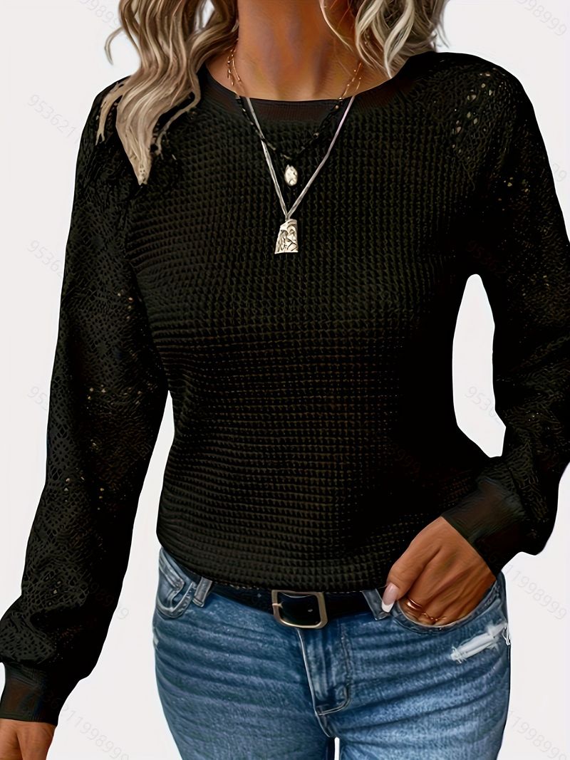 2025 Nuova maglietta casual da donna a maniche lunghe in pizzo tinta unita con scollo rotondo e cavo_voghion.com