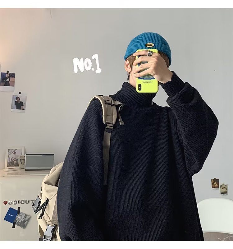 Men's Clothing Fashion color turtleneck sweater autumn and winter Hong Kong style retro all match Korean style knitted sweater warm couple tops_voghion.com
