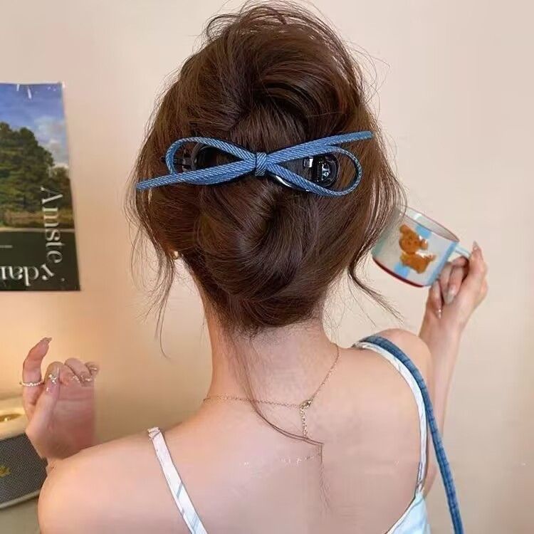 Fermaglio per capelli con fiocco in denim per donna, stile di alta qualità, nuovo stile 2025, fermaglio per chignon posteriore con artiglio a una linea, accessorio per capelli_voghion.com