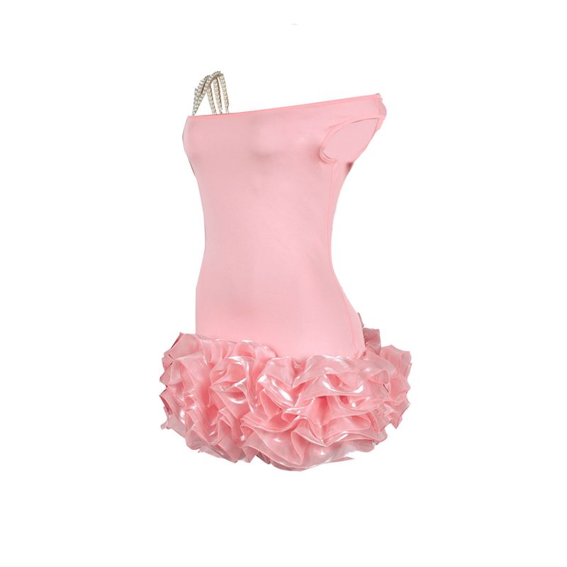 Women's Clothing Sexy Sleeveless Oblique Shoulder Elastic Slim Mesh Splicing Fungus Lace Dress_voghion.com