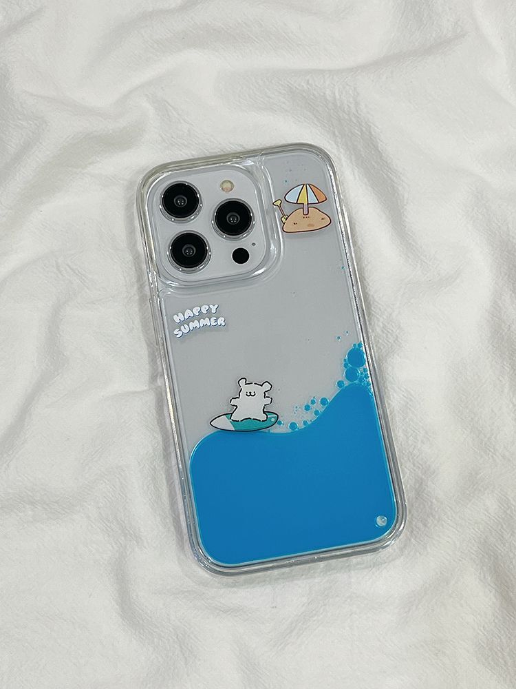 Summer Surfing Puppy Floating Liquid Cae For IPhone 15 Pro Max 14 16 Dynamic Moving Around Water Cover Clear Hard_voghion.com