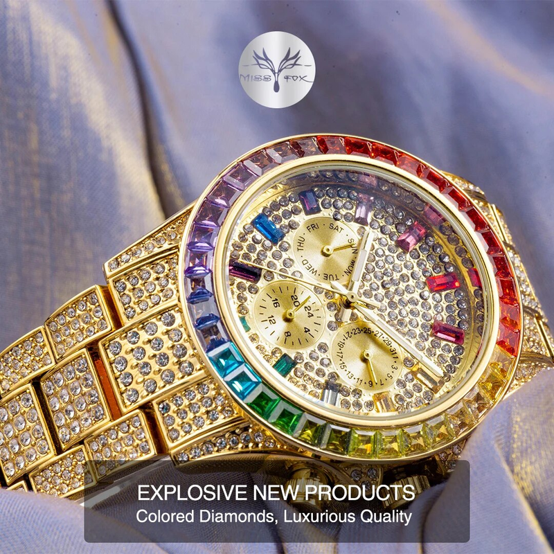 Missfox - Gouden herenhorloge, regenboogdiamanten wijzerplaat, chronograaf met drievoudige wijzerplaat, waterdicht, sportief, elegant_voghion.com