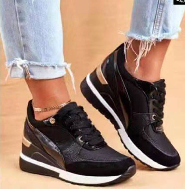 Large Size Round Toe, Low Top, Women's Travel Front Tie Up, Sloping Heel, Sports Color Matching Single Shoes, Women_voghion.com