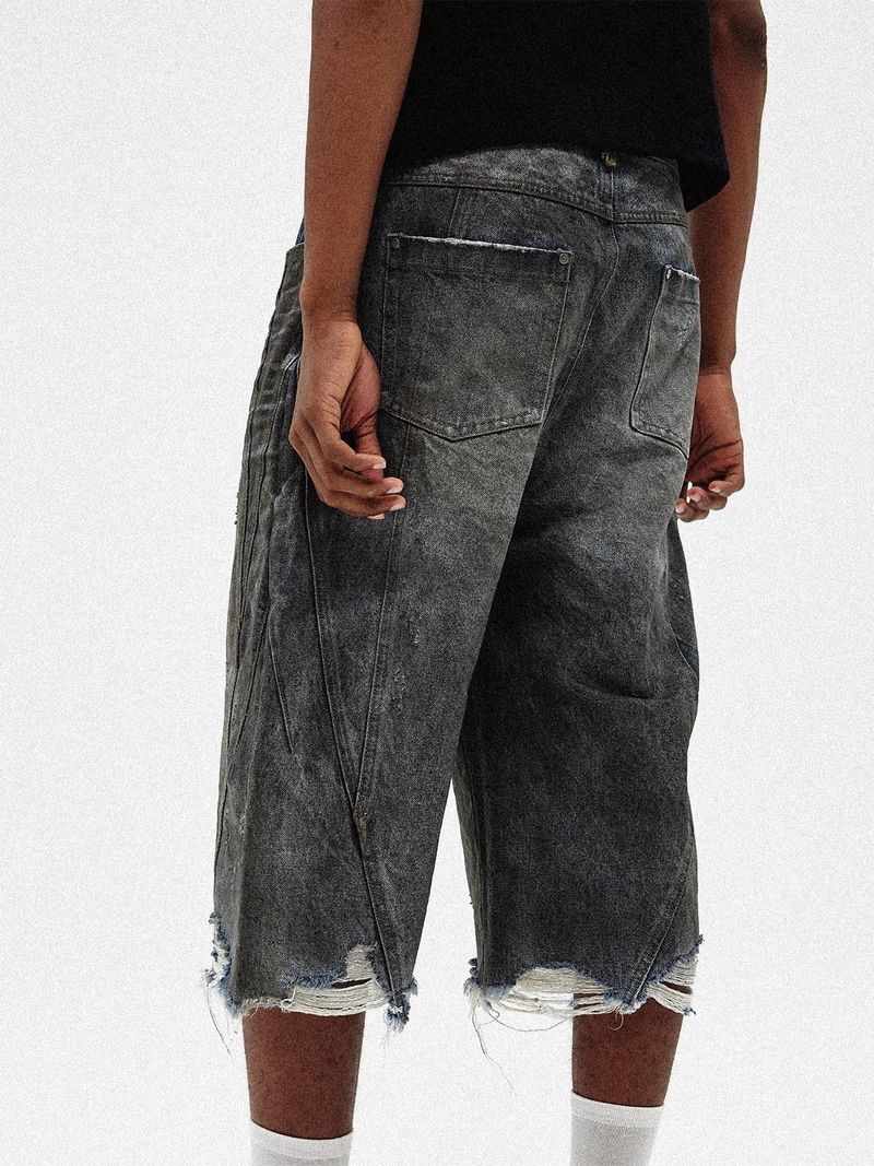 Men's Clothing Retro Washed Distressed Basic Cropped Trousers Casual Loose Solid Color Straight Jeans New_voghion.com