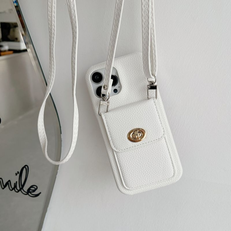 Mobile phone case lock card holder diagonally suitable for Apple 15pro max mobile phone case iPhone14 pebbled pattern protective cover_voghion.com