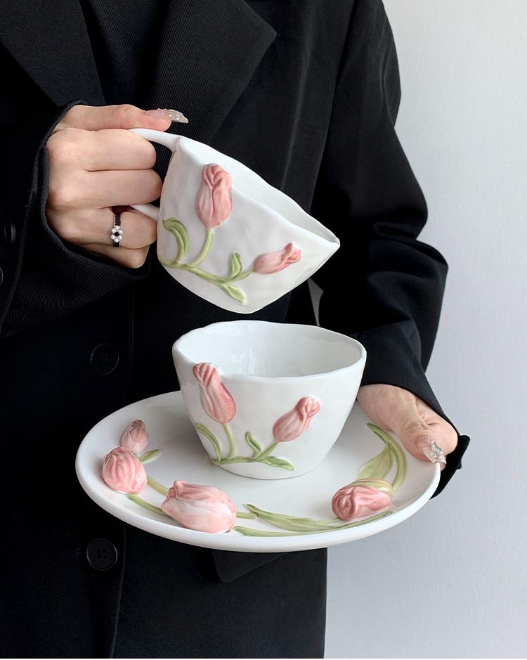 Tazza in ceramica Tulip Design Sense 3D Relief per acqua, colazione, caffè, uso domestico_voghion.com