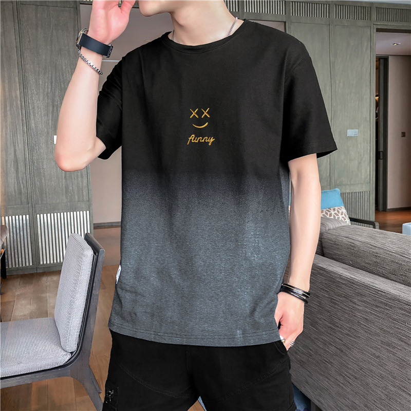 Gradient Color Smiley Face Short Sleeve T-Shirt Men 2023 Summer Trendy Brand Half Sleeve Design Sense Niche Cool Breathable T-Shirt_voghion.com