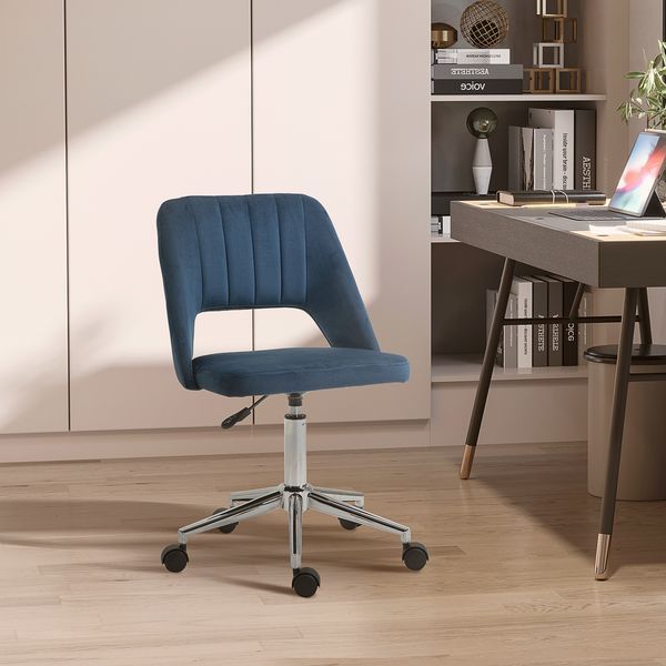 HOMCOM Executive Mid Back Office Chair Thick Padding High-End Gas Lift Sturdy Base Velvet Fabric Blue_voghion.com