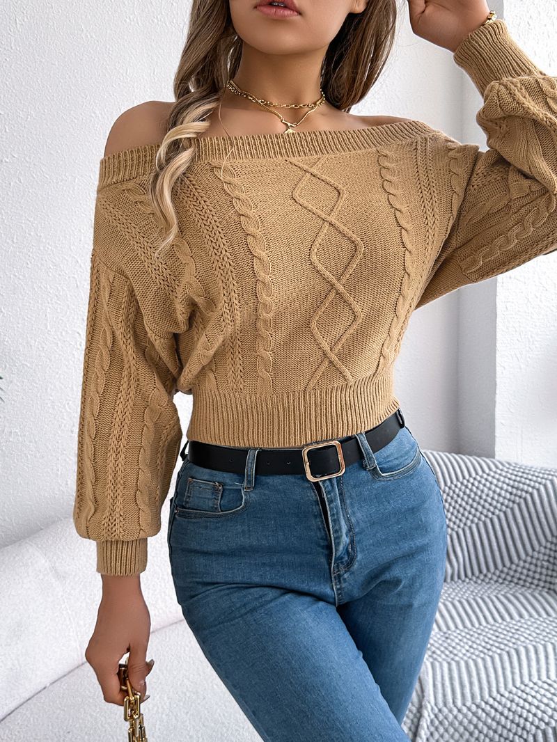 Herbst Winter Casual Solid Color Off-Shoulder Langarm Pullover Pullover Damenmode_voghion.com