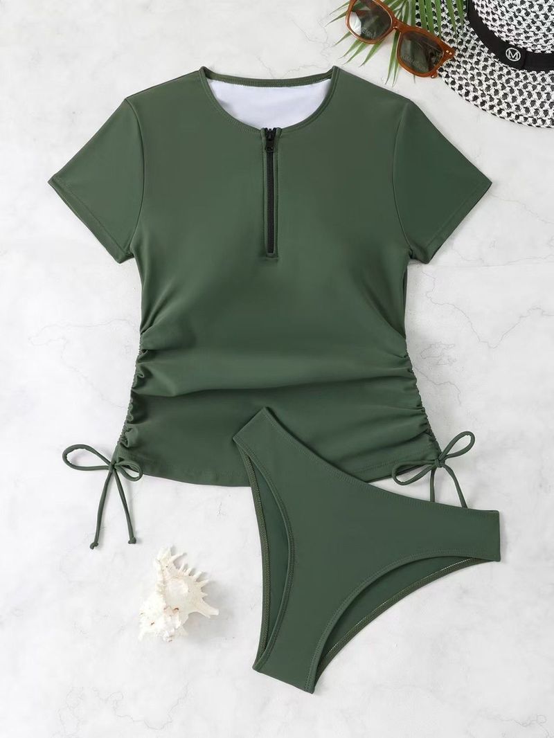 Costume da bagno a due pezzi con coulisse e cerniera, a maniche corte, da donna, 2025, nuovo, tinta unita_voghion.com