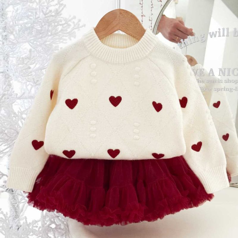 Maglione per bambine New Love Maglia Tops Maglione per bambine Camicia inferiore Gonna a palloncino Completo_voghion.com