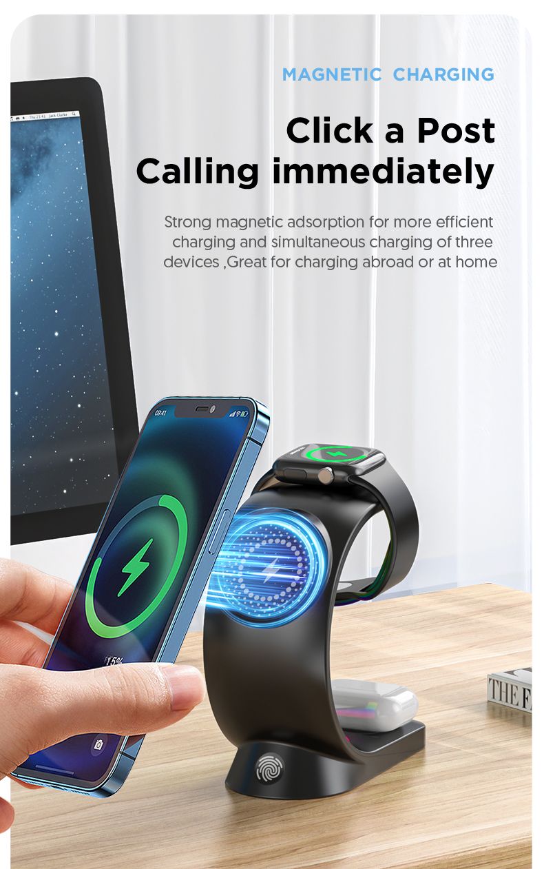 3 an 1 Magnéitescht Kabellos Ladegerät Schnellladung Fir Smartphone Atmosphär Liicht Ladegerät Fir Airpods Pro iPhone Auer_voghion.com