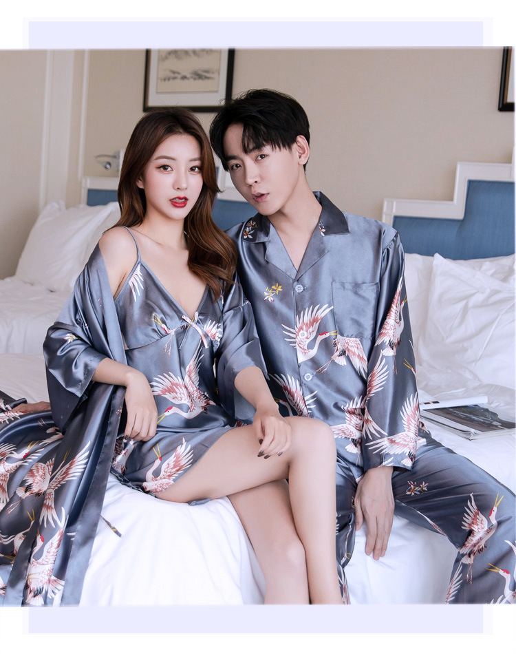 Familie și cuplu Îmbrăcăminte de relaxare cuplu pijamale femei sexy cu bretele fustă cămașă de noapte haine acasă macara secțiune subțire simulare mătase costum cu mâneci lungi_voghion.com